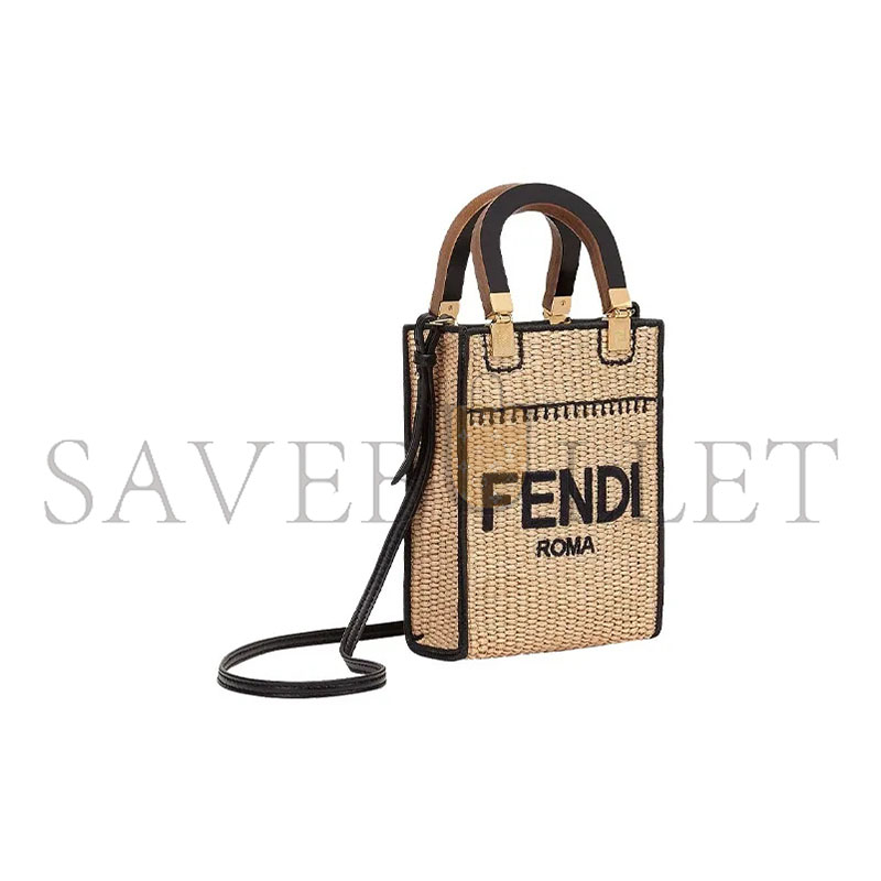 FENDI SUNSHINE MINI STRAW & LEATHER TOTE 8BS051AFQPF0VPJ (18*13*6cm)